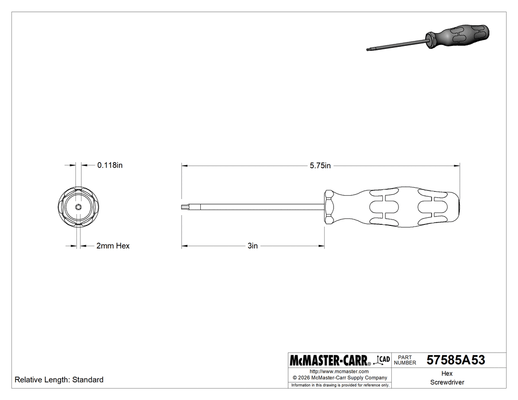 Technical Drawing of Hex Screwdriver, 2 mm Drive Size.